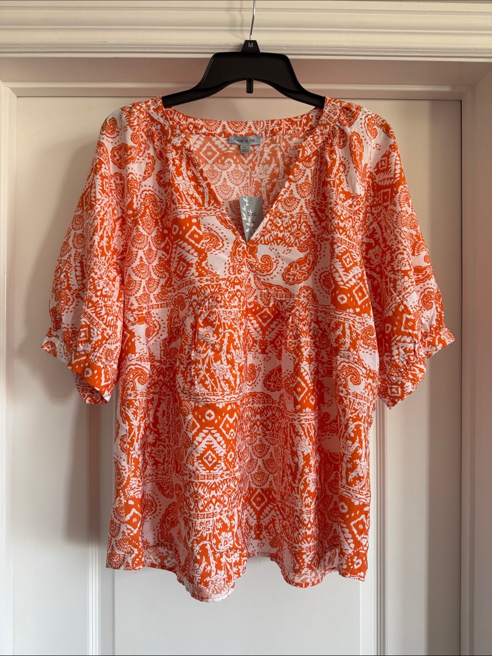 Women's Orange Patterned V-Neck Blouse - Unbranded
